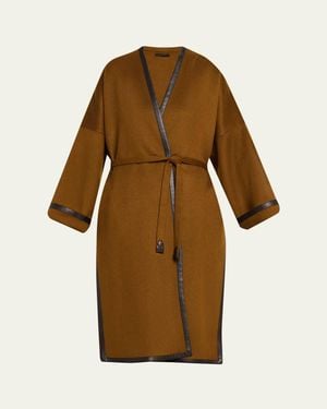 Brioni Leather-Trim Cashmere Oversized Wrap Coat - Brown