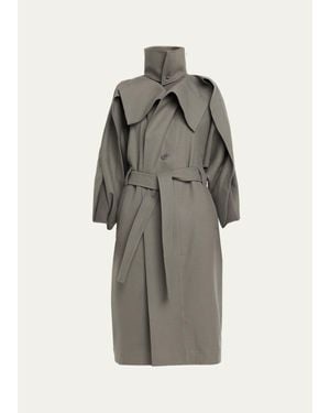Issey Miyake Calligraph Wool Sculptural Belted Trench Coat - Gray