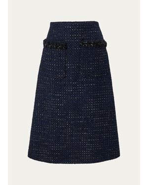 Carolina Herrera Embellished Pocket Tweed A-Line Midi Skirt - Blue