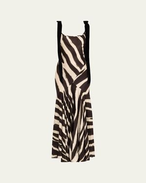 Nina Ricci Zebra-Print Satin Bow-Shoulder Sleeveless Gown - White