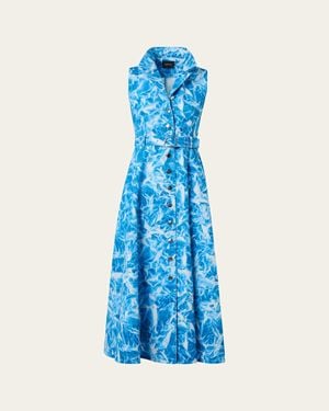 Akris Whitecaps Print Denim Belted Midi Shirtdress - Blue