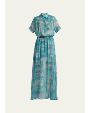 Kiton Check Silk Georgette Short-Sleeve Maxi Shirtdress - Blue