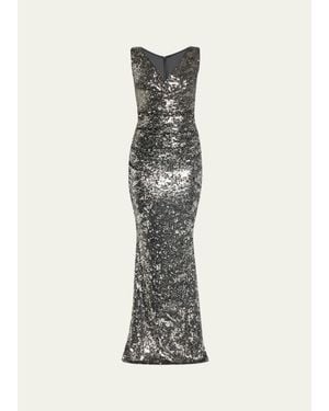 Talbot Runhof Sequined V-Neck Sleeveless Mermaid Gown - White