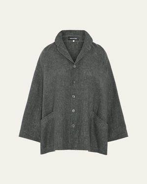 Eskandar Heavyweight Delave Linen Angle-To-Front Double Stand Collar Jacket - Gray