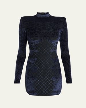 Balmain Baroque Velvet Strong-Shoulder Long-Sleeve Mini Dress - Blue