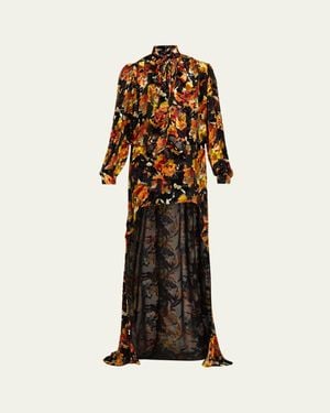 Saint Laurent Floral Velvet Long-Sleeve High-Low Dress - Multicolor