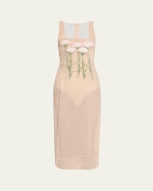 Simone Rocha Stuffed Carnation Square Neck Sheer Midi Dress - White