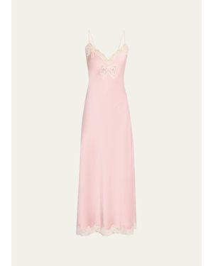 LoveShackFancy Lomira Bow Applique Satin Slip Dress - Pink