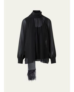 Akris Feather-Trim Scarf Silk Georgette Blouse - Black