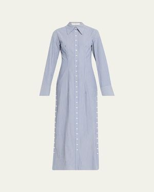 Jane Wade Long Button-Front Pinstripe Shirtdress - Blue