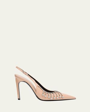 Gucci Guinevere Crystal Leather Slingback Stiletto Pumps - Natural