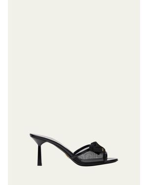 Prada 75Mm Logo Bow Mesh Mule Sandals - Natural