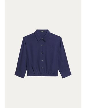 Theory Scrunched-Sleeve Cropped Button-Front Silk Shirt - Blue
