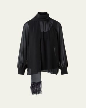 Akris Feather-Trim Scarf Silk Georgette Blouse - Black