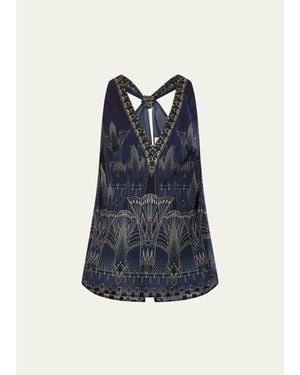 CAMILLA V-Neck Top With Knot Back - Blue