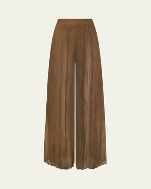 L'Agence Ethel Wide-Leg Crinkled Chiffon Pants - Natural