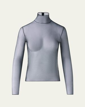 Akris Mock-Neck Stretch Tulle Fitted Long-Sleeve Shirt - Blue