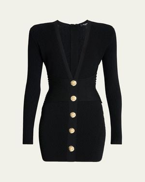 Balmain Buttoned Plunging Rib Knit Mini Dress - Black