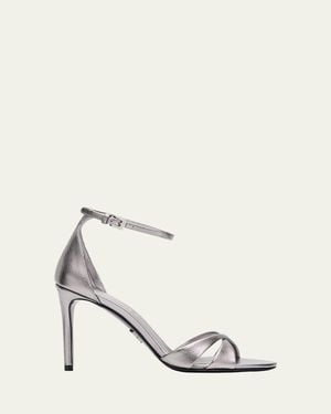Prada 95Mm Vernice Saffiano Metallic Leather Ankle-Strap Sandals - White