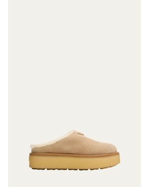 Prada Suede Shearling Cozy Platform Mules - Natural