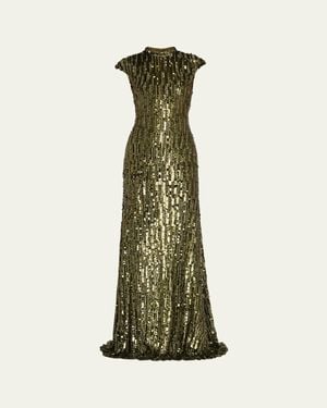 Naeem Khan Mock-Neck Cap-Sleeve Sequin Gown - Green
