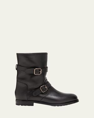 Manolo Blahnik Sulaltra Leather Buckle Biker Booties - Black