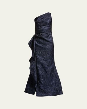 Teri Jon One-shoulder Jacquard Side-ruffle Gown - Blue