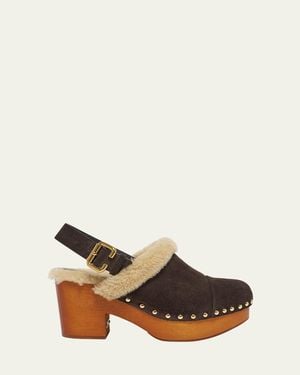 Chloé Jeanette Suede Shearling-Lined Clogs - Natural