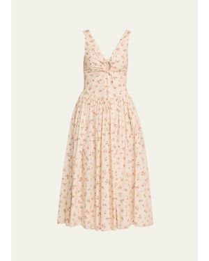Markarian Penelope Sleeveless Floral Cotton Keyhole Midi Dress - Natural