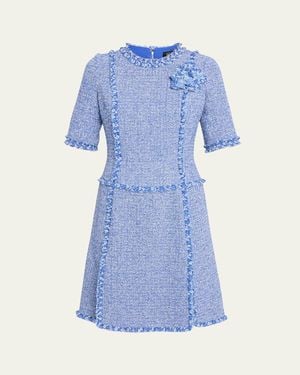 Teri Jon Frayed-Trim Woven Tweed Dress - Blue