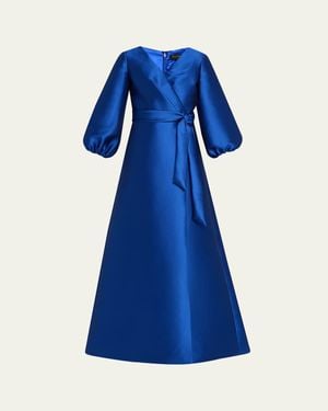 Reem Acra Bishop-Sleeve Mikado Pique Wrap Gown - Blue