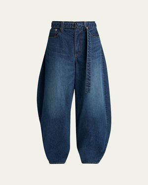 Sacai Belted Denim Barrel-Leg Pants - Blue