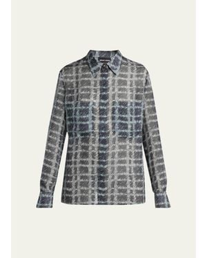 Giorgio Armani Sheer Silk Plaid Button-Front Shirt - Blue