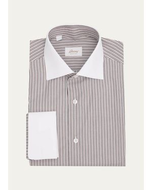 Brioni Micro-Stripe Solid-Trim Dress Shirt - Gray