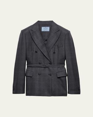 Prada Belted Checked Wool Double-Breasted Jacket - Blue