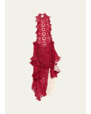 DIOTIMA Spade Crochet Knit Ruffle Halter Backless Mini Dress - Red