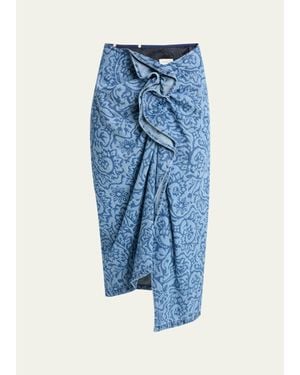 Dries Van Noten Sinas Floral Denim Ruffle Midi Skirt - Blue