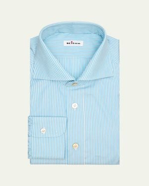Kiton Pinstripe Cotton Spread Collar Dress Shirt - Blue