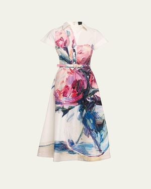 Teri Jon Cotton Floral Short-Sleeve Shirtwaist Dress - White