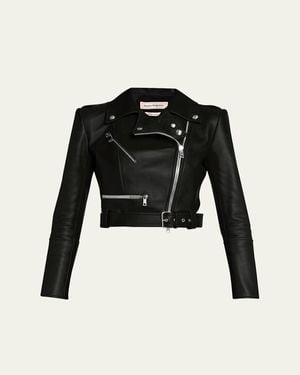 McQueen Cropped Leather Biker Jacket - Blue