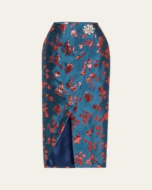 Harbison Arista Wrap-Front Satin Brocade Midi Skirt - Blue