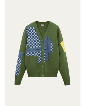 Loewe Check Colorblocked Wool-Blend Cardigan - Green