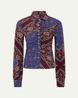 Rabanne Paisley Patchwork Ruched Button-Front Shirt - Blue