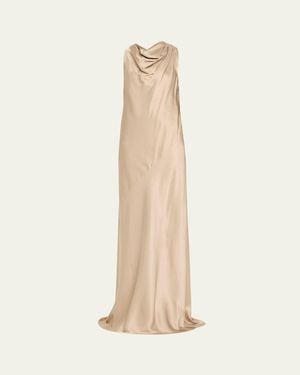 Brunello Cucinelli Cowl-Neck Silk Sleeveless Gown - Natural