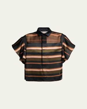 Sacai Striped Satin Flutter-Sleeve Blouse - Black