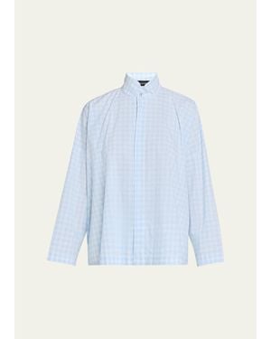Eskandar Triple-Plaid Cotton Wide Longer Back Shirt Jacket - Blue