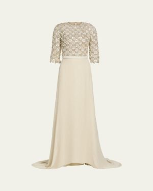 Oscar de la Renta Pearly Embroidered 3/4-Sleeve A-Line Gown - Natural