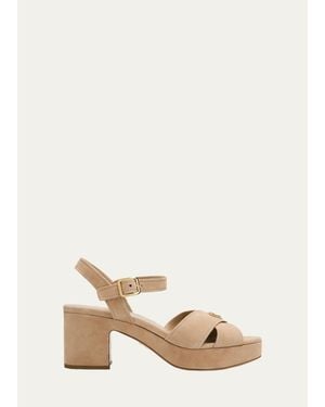 Prada Triangle Suede Platform Sandals - Natural