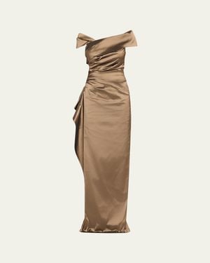 Teri Jon Off-Shoulder Stretch Taffeta Column Gown - Natural
