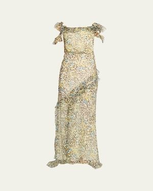Saloni Nina Ruffled Chiffon Dress - Natural